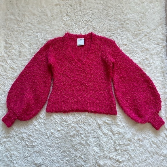 C/MEO Collective Sweater Coco Knit Balloon Sleeve V-neck Wool Blend Hot Pink XS - Picture 4 of 12